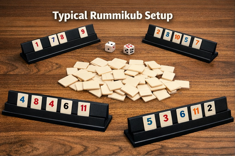 rummikub setup with tiles and racks on table