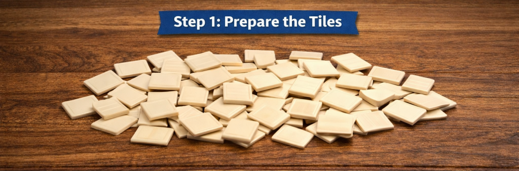 Rummikub tiles placed face down and mixed on the table before setup
