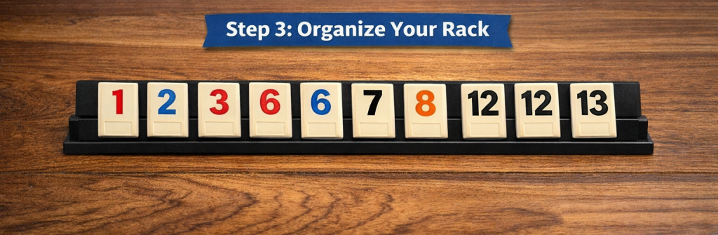 Rummikub tiles organized on rack by number and color after drawing 14 tiles