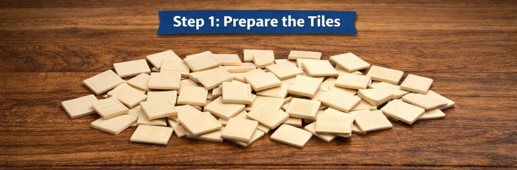 Rummikub tiles placed face down and mixed on the table before setup